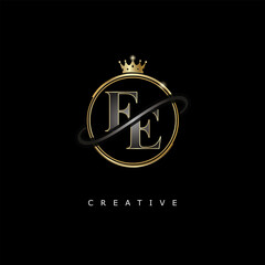 Obraz premium FE Luxury Creative Logo – Elegant Gold Monogram Letter mark with Crown, Circle & Royal Style for Fashion, Boutique, Jewelry, Branding & Premium Identity Design