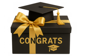 Sleek black graduation gift box featuring golden congratulatory text, gold ribbon, and graduation cap against transparent background