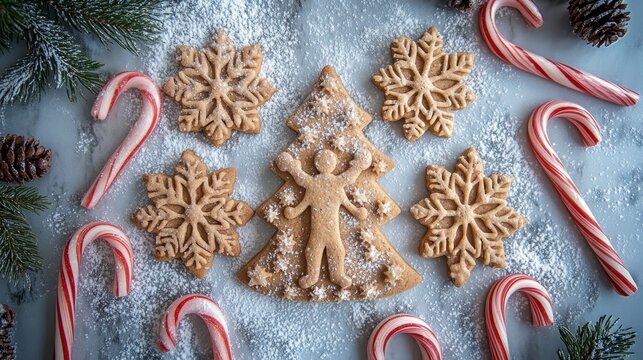 Christmas tree-shaped sugar cookie surrounded by snowflake cookies and candy canes on marble background.