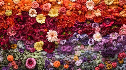 A vibrant wall of flowers in a spectrum of colors