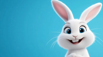 Obraz premium Adorable 3D rendered white rabbit with big blue eyes and a cheerful smile against a light blue background.