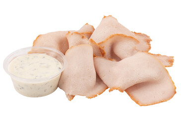 Smoked ham and dressing in a plastic cup cut out isolated transparent background