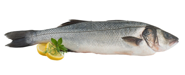 Sea bass and lemon with fresh vegetables cut out isolated transparent background