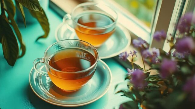 Tranquil tea time by the window. Two clear teacups filled with golden-hued tea, placed on light-colored saucers, sit on a teal-colored windowsill. Plants and flowers add a touch of nature