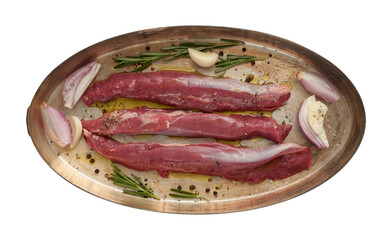 Fresh pork loin in a gold aluminum plate food on plate cut out isolated transparent background