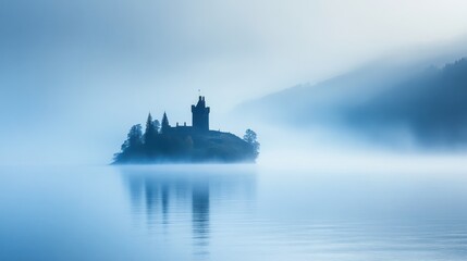 Obraz premium Mystic serenity: Eilean Donan Castle in ethereal morning mist on Loch Duich