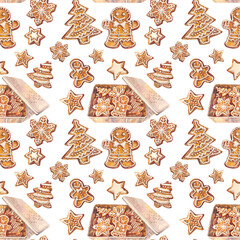 Watercolor Christmas seamless pattern with tree and gingerbread man and star snowflake in box on white background. Celebration winter New Year dessert food. Cookie art for wallpaper or wrapping