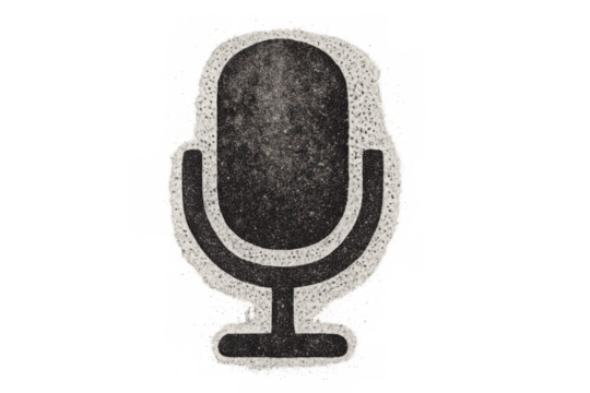 Black microphone fragmenting, dispersing into white particle swarm against transparent backdrop