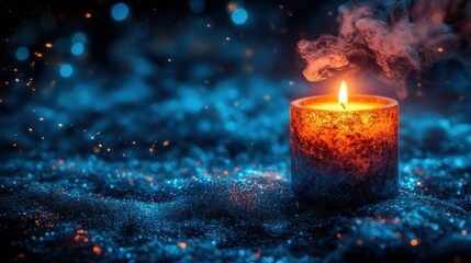 Single candle, warm light, dark blue, glitter