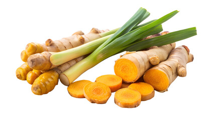 Fresh Turmeric Root & Lemongrass Slices on Rustic Chopping Board – Golden Spice Still Life, isolated on white. Generative AI