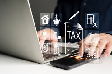 Online tax filing and digital financial management system with virtual icons on laptop for modern business