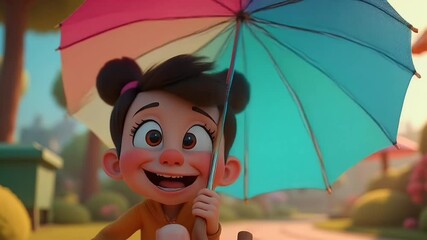 Animated girl smiles, holding rainbow umbrella in a whimsical, vibrant outdoor scene - Powered by Adobe