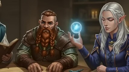 Fantasy tabletop gaming scene with characters analyzing a map and spellcasting in a cozy room