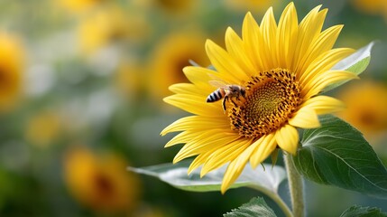Obraz premium A Busy Bee on a Vibrant Sunflower in a Field of Golden Blooms