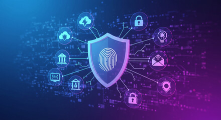 Obraz premium Cybersecurity Shield Concept with Digital Protection Icons and Secure Authentication