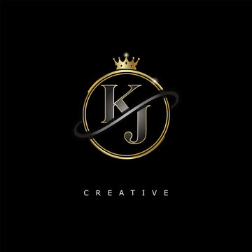 KJ Luxury Creative Logo &ndash; Elegant Gold Monogram Letter mark with Crown, Circle & Royal Style for Fashion, Boutique, Jewelry, Branding & Premium Identity Design