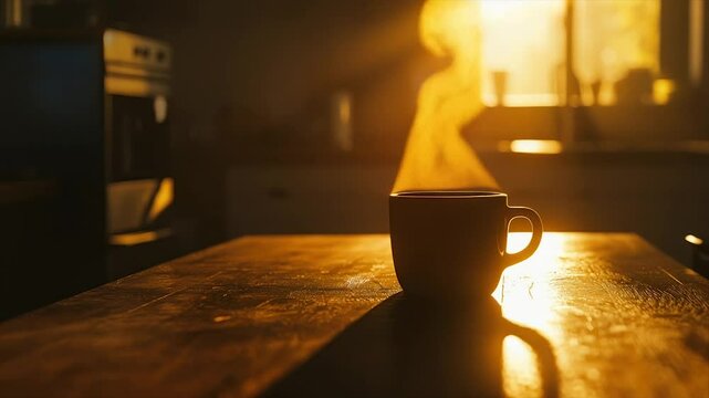 Morning coffee in the kitchen, golden sunlight