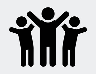 Three stick figures with raised arms standing together in a simple black and white illustration