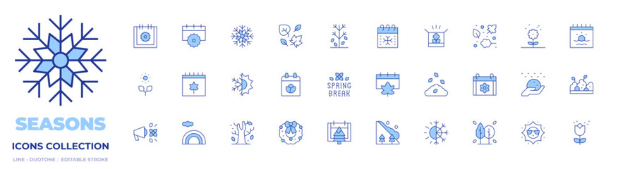 Seasons icons collection. Line Duotone style, editable stroke. announce, autumn, wreath, spring break, box, tree, pollen, summer, summers, snowflake, leaves, winter
