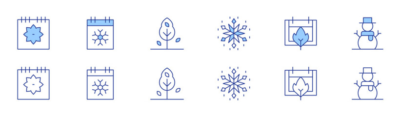 Seasons icon set in two styles, Duotone and Thin Line style. Editable stroke. spring, snow flake, calendar, autumn, snowman