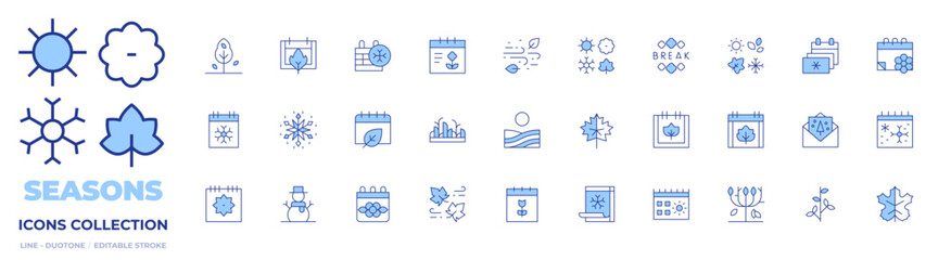 Seasons icons collection. Line Duotone style, editable stroke. spring, snow flake, snow, grass, calendar, spring break, plant, seasons, winter, autumn, windy, wind