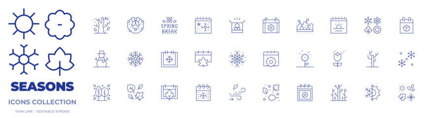 Seasons icons collection. Thin Line icons, editable stroke. spring break, bush, autumn, pollen, calendar, winter, leaves, summer, tree, dry tree, box, wreath, sun