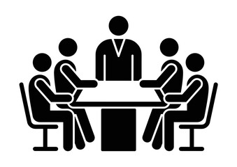 Illustration of a meeting with five people sitting around a square table in a conference room setting