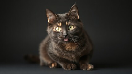 Silly feline friend with a playful expression, tongue sticking out, and expressive eyes on a seamless dark backdrop
