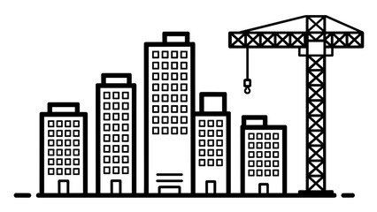 Obraz premium A black and white line drawing of city buildings and a crane under construction in a simple style