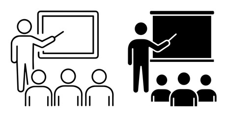 Illustration of a teacher presenting to students with a whiteboard and chalkboard in black and white outline