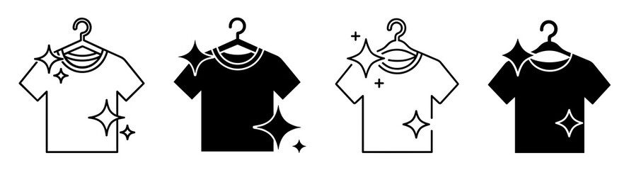 Illustration of clean t shirts on hangers with sparkles in black and white color palette style design