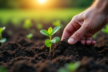 A gentle hand nurtures a vibrant green sprout emerging from dark soil at sunset