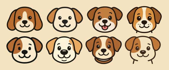 Obraz premium Collection of eight cartoon dog faces with different color patterns and facial expressions displayed nicely