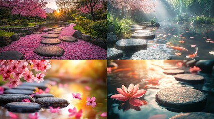 Quadruple image showcasing serene Japanese garden scenes stepping stones across a pink-petal-strewn path, tranquil ponds with koi fish and lotus flowers, cherry blossoms, and sunlit pathways