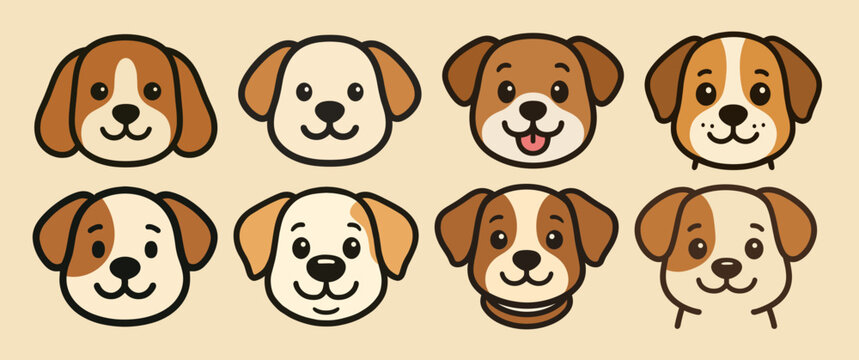 Collection of eight cartoon dog faces with different color patterns and facial expressions displayed nicely