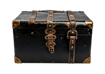 Vintage Black Metal Box with Rusted Iron Straps isolated on transparent or white background