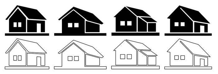 Fototapeta premium Collection of eight house icons in black and white featuring different styles and architectural elements