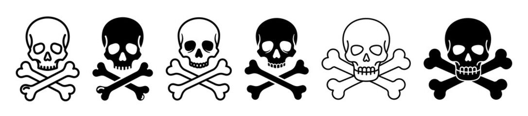 Collection of six skull and crossbones icons in black and white variations on a white background