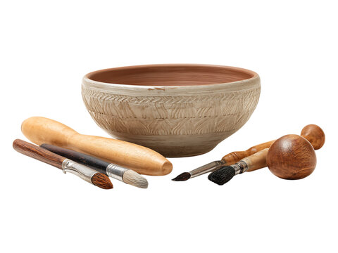 Still life of pottery bowl with tools on a black background