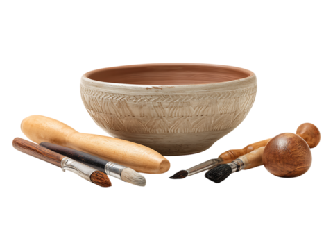 Still life of pottery bowl with tools on a black background