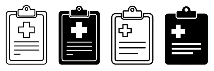 Obraz premium Four medical clipboards with a cross symbol and lines representing text in black and white variations