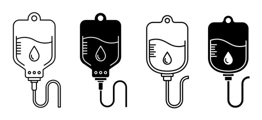 Illustration of four iv bags with liquid and a drip inside, two filled and two outlined in black color