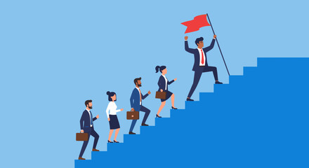 Fototapeta premium Team support help success, teamwork to progress and success together, company growth step or employee development, team achievement concept, business people team up holding hand help climb up stair.