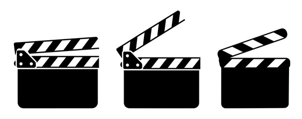Three black and white clapperboards in different positions for film production and movie making scene tool