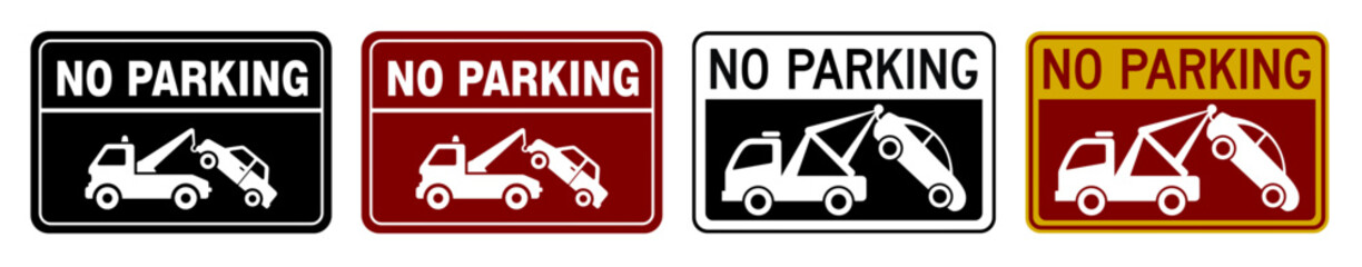 Collection of four no parking signs depicting a tow truck removing a vehicle violation notice displayed
