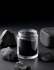 Skincare jar with volcanic rocks and charcoal powder, detox concept, deep contrast background