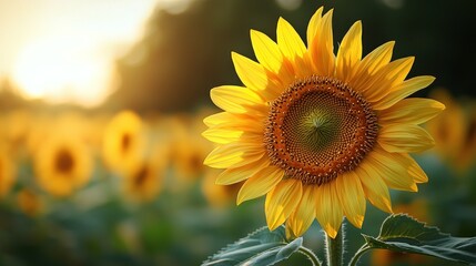 Fototapeta premium Golden sunflower in a field at sunset
