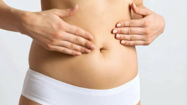 Woman in white underwear touches her abdomen, pinching the skin, isolated against a clean, bright background. Skin elasticity.