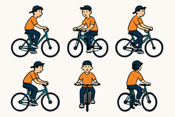 Naklejka premium vector set a teenager is riding a bicycle with a simple and minimalist flat design style, plain white background 