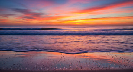 Fototapeta premium Beautiful Sunset Over Ocean Waves Illuminates Sandy Beach Scene